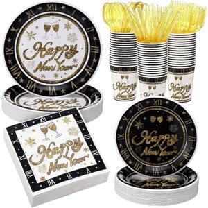 Mimorou 400 Pcs Happy New Year Disposable Tableware Set Black Gold Clock Paper Plates Napkins Cups Plastic Spoons Forks Knives New Year Eve Party Dinnerware Set for Christmas Lunar Years Party