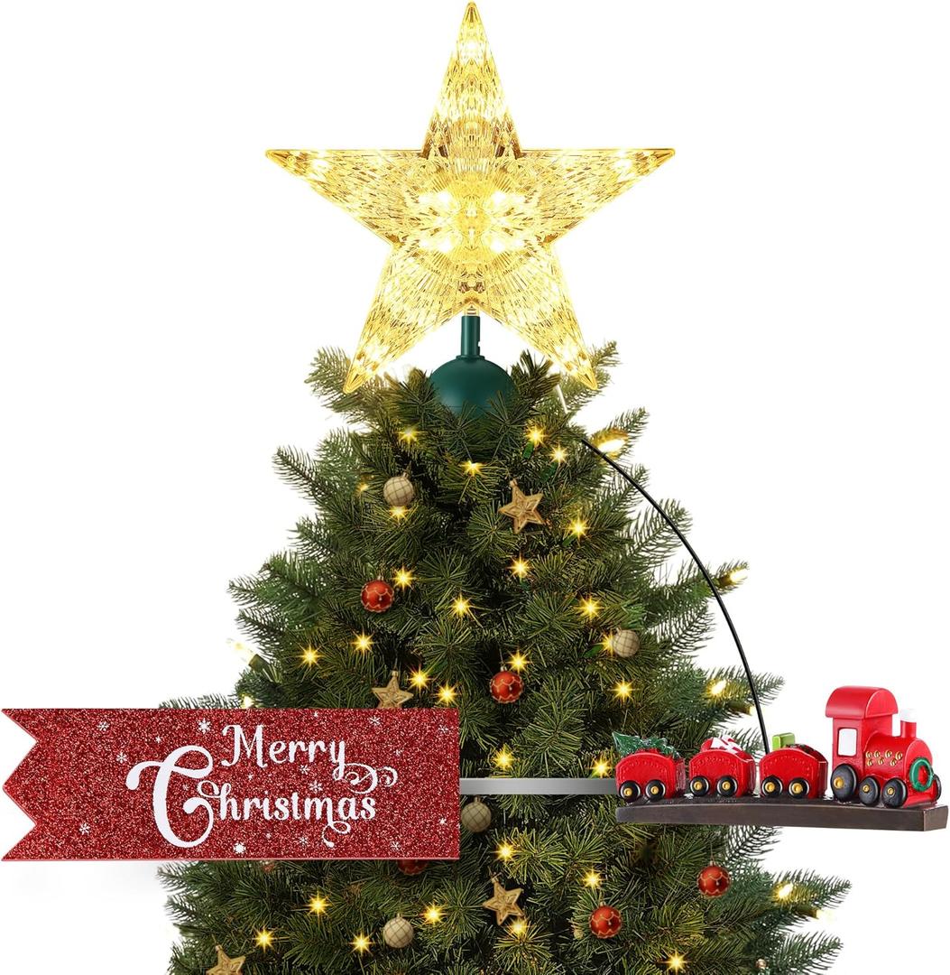 Santa Express Rotating Christmas Tree Topper Animated Christmas Star Train Set with Banner, LED Lighted 3D Pentagram Tree Topper for Xmas Decorations