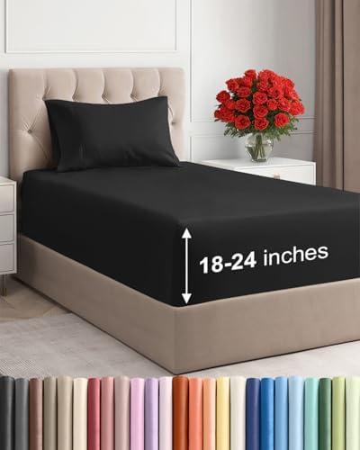 Extra Deep Twin Sheet Set - 3 Piece Breathable & Cooling Bed Sheets - Easily Fits 18 to 24 inch Mattress - Ultra Soft, Wrinkle & Fade Free w/ Extra Deep Pockets - Comfy Hotel Luxury Bedding - Black