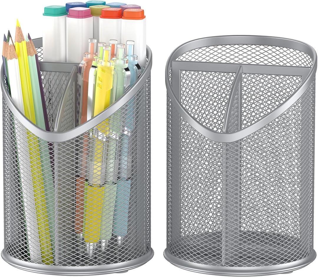 2 Pack Pen Holder Mesh Round Pencil (Silver)