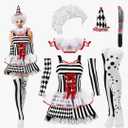 Newcotte 7 Pcs Women Halloween Scary Costume Set Clown Costume Clown Dress Wig Stockings Plastic Sword Hat Medium