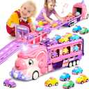 Car Toys for 2 3 4 5 6 7 Year Old Toddler Girl, Unicorn Toys Truck & Foldable Race Track W/Light & Sound, Friction Power Toy Cars W/ 9 Princess Cars, Birthday Gift for Kids Girls Age 4-6