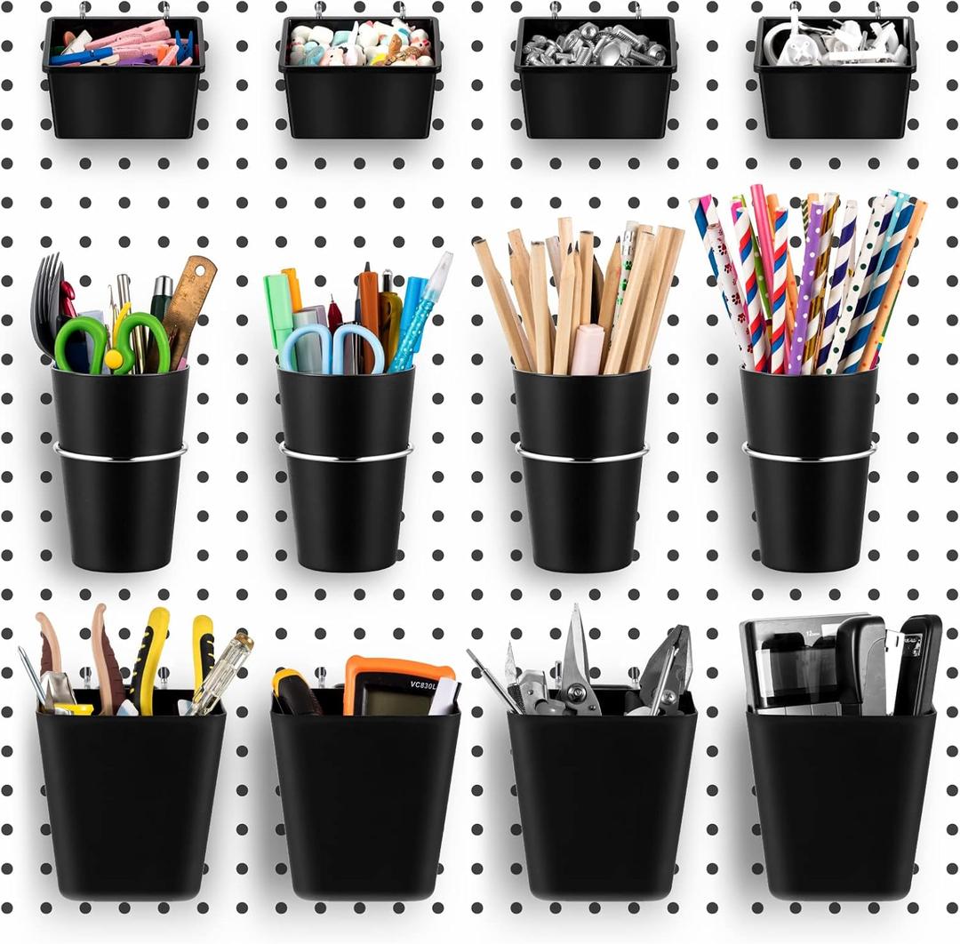 Jinei 12 Pcs Pegboard Bins and Cups with Hooks and Loops Peg Assortment Organizer Accessories Various Tool Organizer Pegboard Basket Set for Garage Workshop Workbench Office(Black)