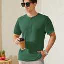 Men's Henley Short Sleeve Shirts Casual T-Shirts Button Top Summer Soild Basic Tee (Green, M)
