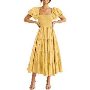 PRETTYGARDEN Women's Casual Summer Midi Dress Puffy Short Sleeve Square Neck Smocked Tiered Ruffle Dresses, Small