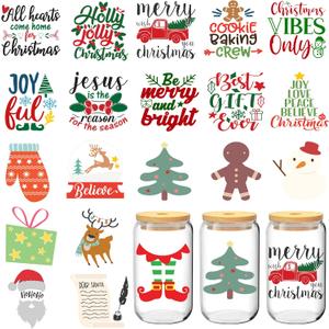 Christmas UV DTF Cup Wrap, 20 Sheets Merry Christmas UV DTF Cup Wraps for 16 oz Glass, Cute Joy to The World UVDTF Decals Transfer Stickers Waterproof Rub On Transfers for Crafting, Xmas Gift