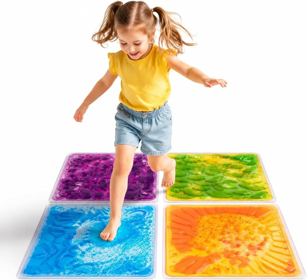 edusense Liquid Sensory Floor Tiles - Outdoor & Indoor Play Mats, Develop Motor Skills, Easy Store, Non-Slip Cushioned,Non-Toxic Dynamic Visual Effects, 4 Pack