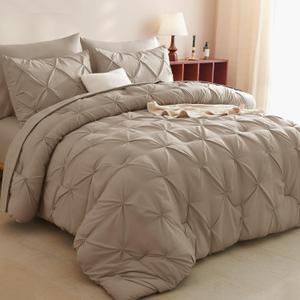 CozyLux Queen Comforter Set Khaki, 7 Pieces Pintuck Bed in A Bag, Premium Khaki Comforter Queen Size, Pinch Pleat Bedding Sets with Comforter, Sheets, Pillowcases & Shams