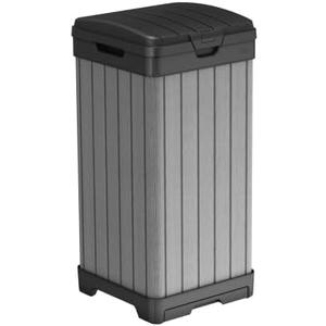 Keter Darwin Outdoor Trash Can, 38 Gallon Weather-Resistant Resin Waste Bin with Lid, Wood-Look Design for Patio, Deck, Porch & Backyard