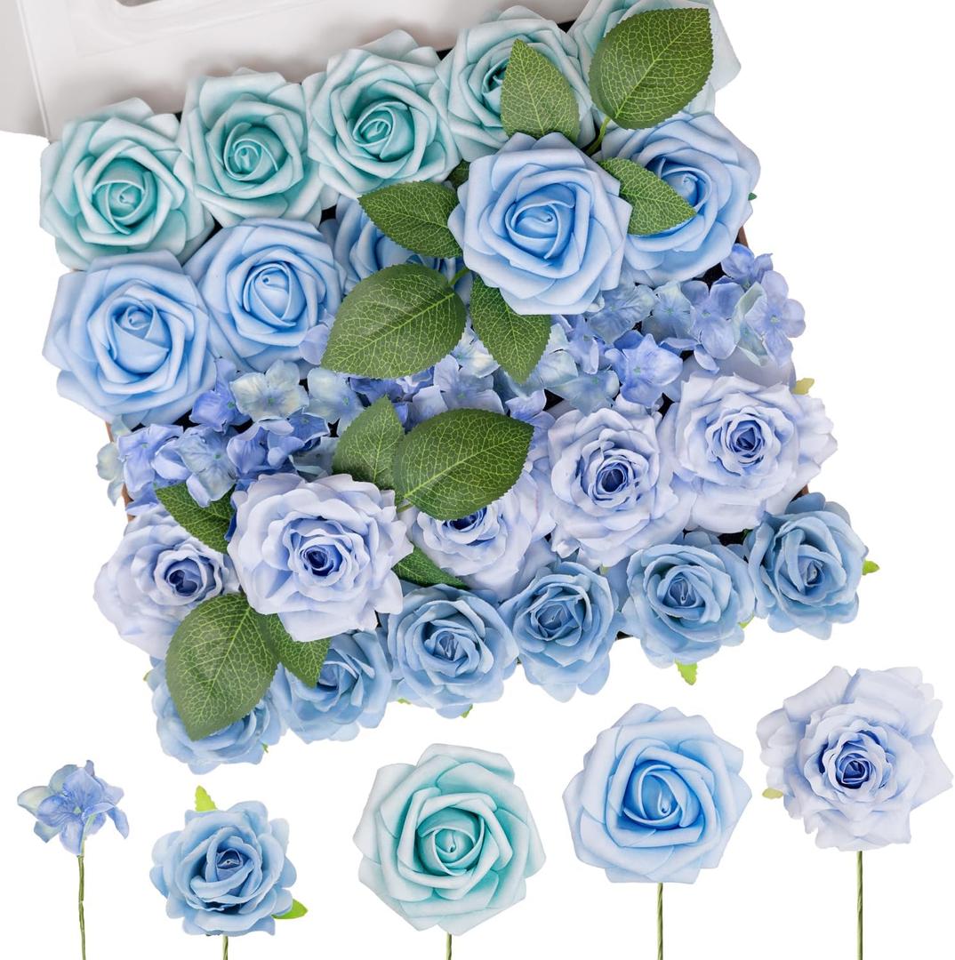 TINGE TIME Artificial Flowers 36pcs Real Looking Silk Flowers Fake Rose with Stems for DIY Wedding Bouquets Dusty Pink Bridal Shower Centerpieces Party Decorations (Provence Blue)