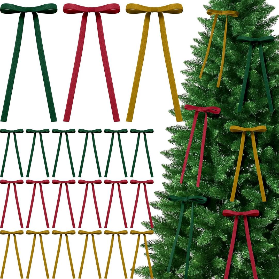 Chuangdi 30 Pcs Vintage Velvet Ribbon Bows Ornaments 5x9 in Colorful Pre-Tied Long Christmas Velvet Bows Tree Decorations Double Faced Gift Wrapping Bow for Wreath Garland Staircase Home Decoration (Red,green,gold)
