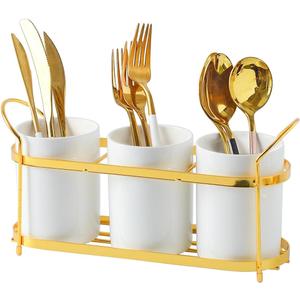 3-Piece White Ceramic Silverware Holder for Party Countertop, Utensil Holder with Golden Metal Rack Flatware Caddy Cutlery Storage Organizer for Kitchen Table (White+Gold A)