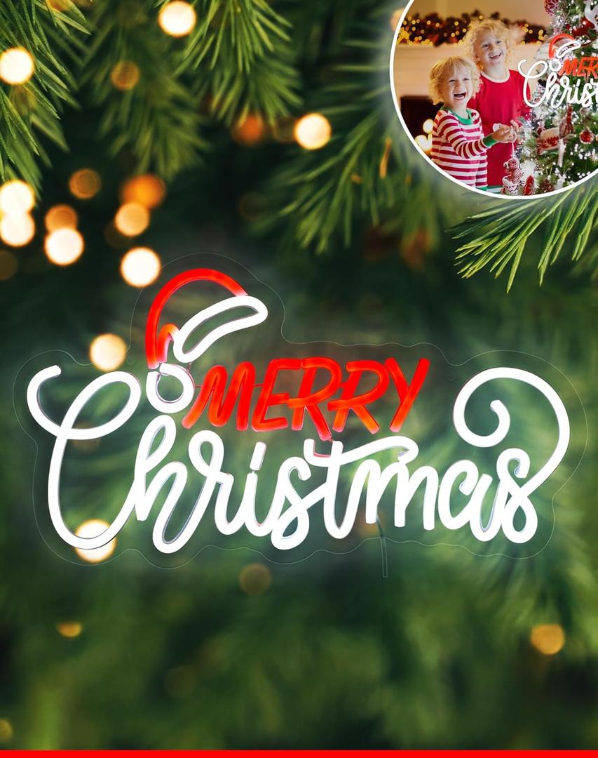 Merry Christmas Neon Sign for Wall Decor Dimmable Neon Christmas Sign fox Xmas Party Red White LED Neon Xmas Sign for Home Office Store USB Powered 16.92"x9.84"