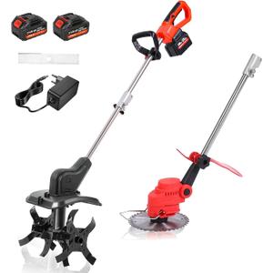Cordless 2-in-1 Tiller & Weed Whacker Combo, 800W Brushless Motor, 12"x9" Rototiller, 8" Trimmer, 2x21v 6.0Ah Battery, Electric Weed Eater & Garden Tiller, Perfect for Lawn Care & Gardening Tools