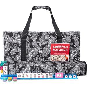 American Mahjong Game Set, 166 Quality White Tiles, 4 All-in-One Color Rack/Pushers, Complete Mahiong Tile Set Black Printed Carrying Bag