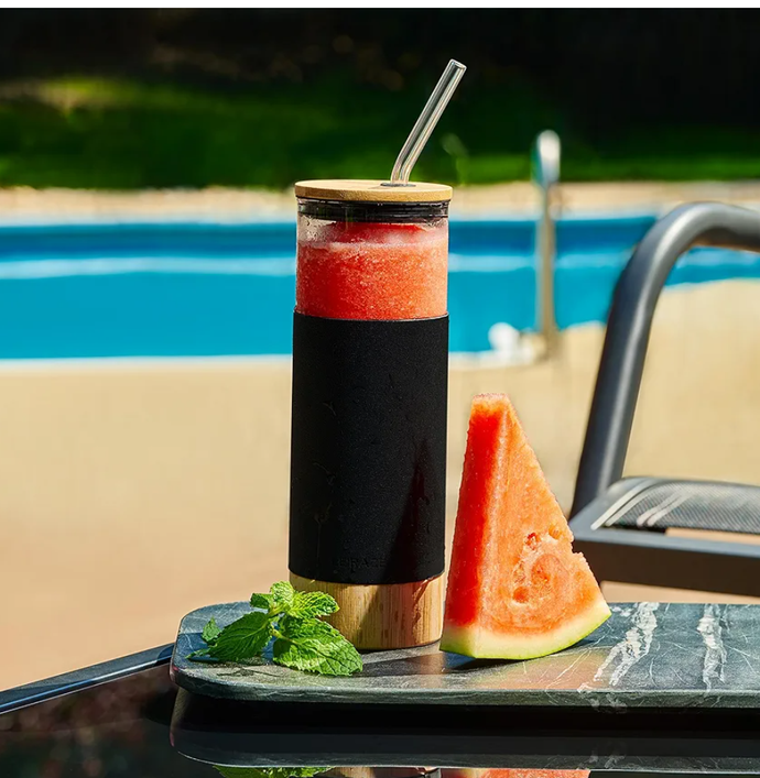 Premium 20oz Glass Water Bottle with Straw and Bamboo Lid & Base + Protective Silicone Sleeve - BPA Free - Growler Tumbler Cup Reusable Drinking Glasses Cup for Iced Tea, Coffee, Smoothie - Black