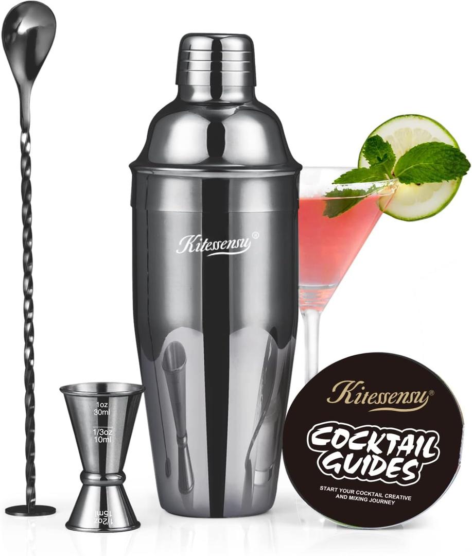 KITESSENSU Cocktail Shaker Set, Stainless Steel Martini Shaker Set with 24 Ounce Cocktail Mixer with Drink Shaker, Measuring Jigger, Bar Spoon & Drink Recipe Guide, Black
