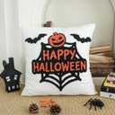 Jonhier Halloween Decorative White Throw Pillow Cover, Fall Embroidered Pumpkin Pillowcase for Sofa Couch Bed, Textured Bat Pattern Thanksgiving Cushion Home Decor (Happy Halloween, 18 x 18)