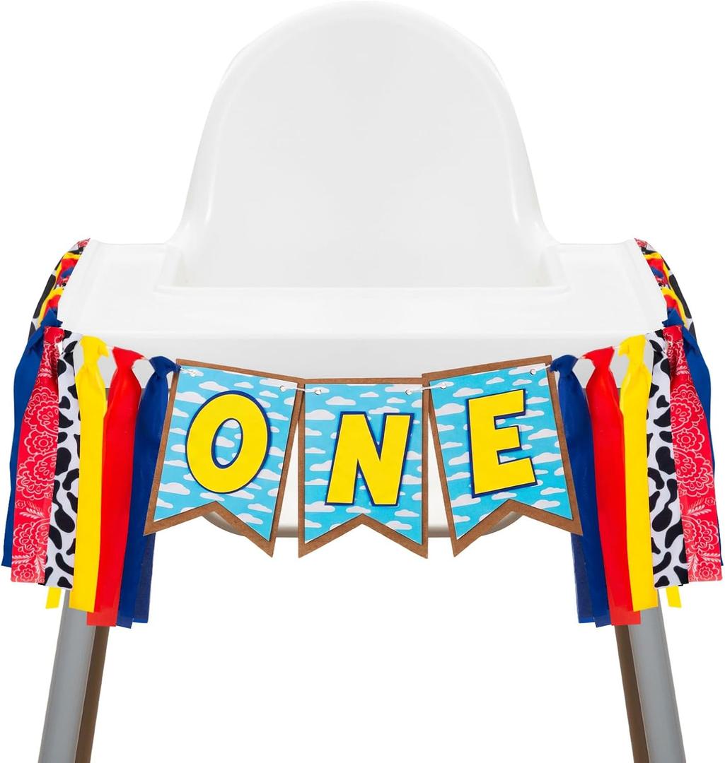 VitalCozy Birthday High Chair Banner Garland cartoon Decorations birthday Party Highchair Banner With Ribbon Fabric for Gender Neutral Highchair Decor(Cartoon,Muticolor)