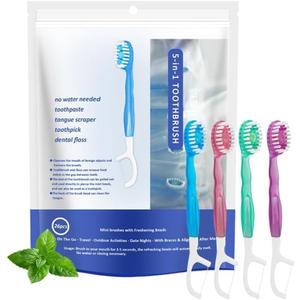 Mini Disposable Toothbrushes with Toothpaste 26 pcs 5 in 1 Travel Portable Toothbrush with Toothpaste + Tongue Scraper + Picks+Floss Travel Case (Mix 5 Flavors, 26)