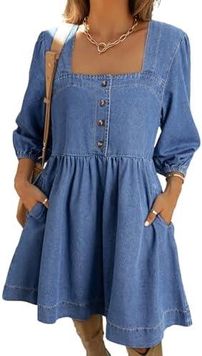 Sidefeel Women's Spring Outfit Denim Dress 3/4 Sleeve Loose Fit Square Neck Summer Jean Dresses with Pockets Blue M