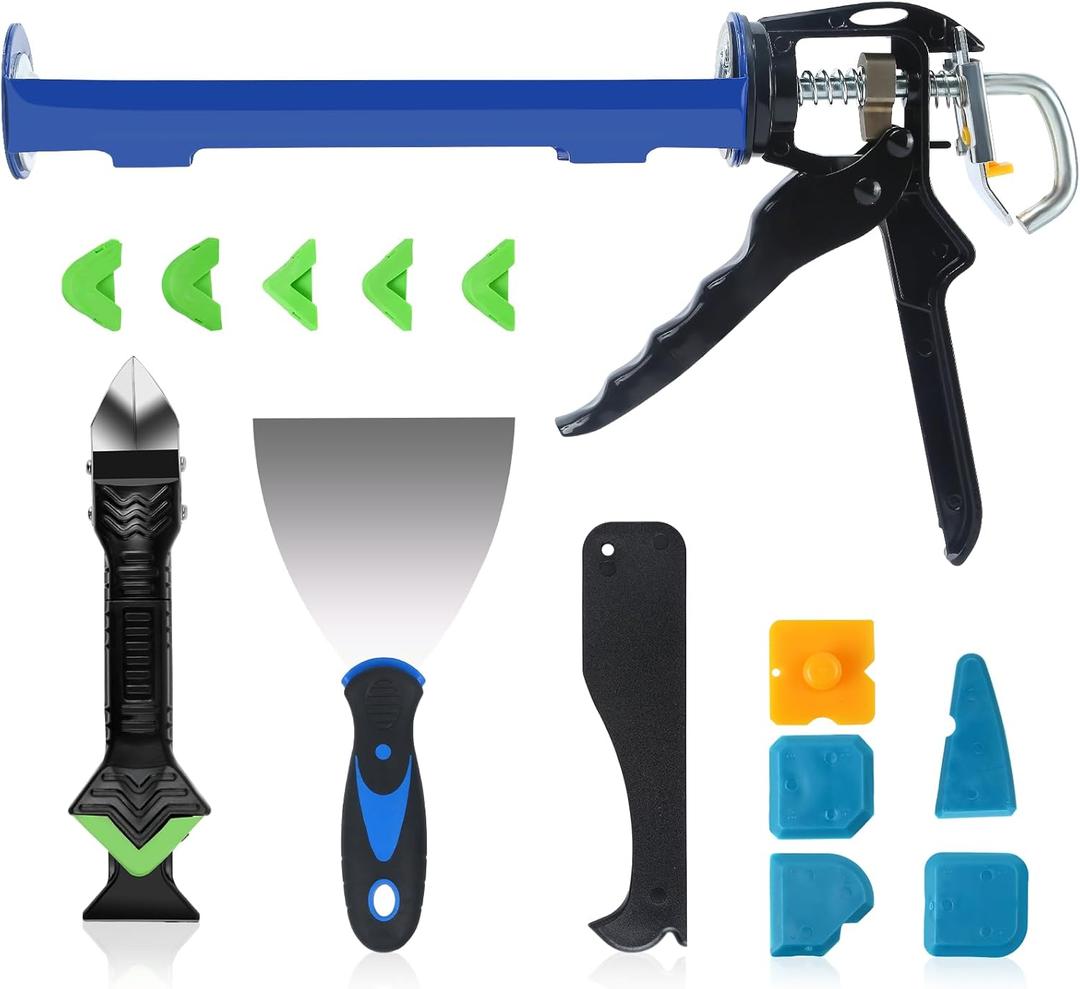 Caulk Gun Kit, Smooth Silicone Caulking Gun and Caulk Remover Tool, Sealant Finishing Tool Grout Scraper for Kitchen Bathroom Window Sink Joint, All in One with Gift Box