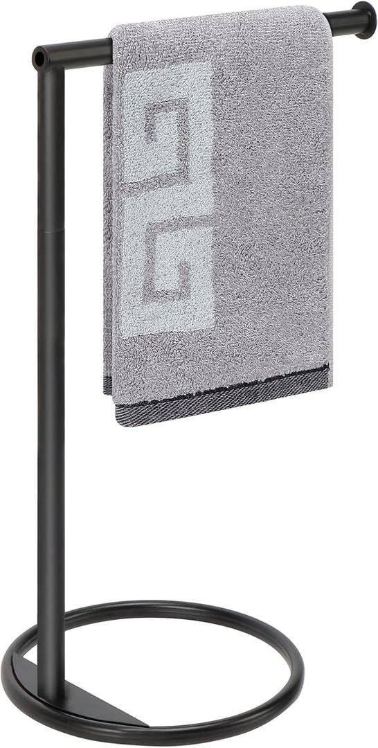 NearMoon Hand Towel Holder Stand, Thicken Metal L Shape Hand Towel Rack, Small Towel Ring, Stable Standing Towel Bar for Bathroom Kitchen Vanity Countertop, 8 L 14 H (Matte Black, 1 Pack)