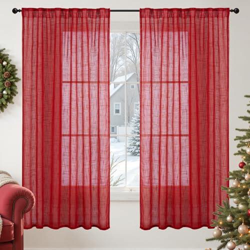 YoungsTex Red Linen Semi Sheer Curtains 68 Inch Length - Light Filtering Drapes with Back Tab Rod Pocket Lightweight for Living Room Window, 2 Panels, 52 X 68 Inch
