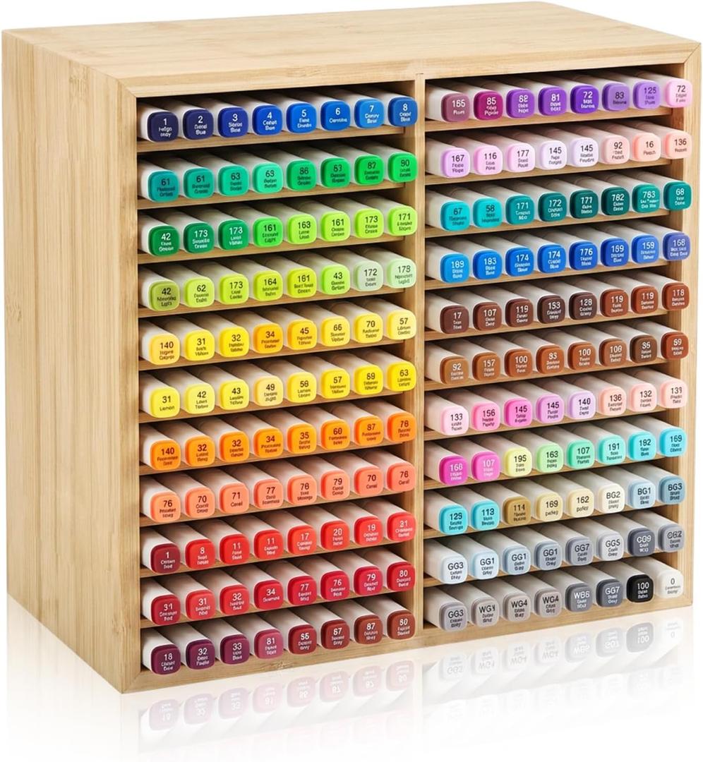 11-Tier Bamboo Marker Organizer with 22 Compartments - Holds 176 Art Markers, No Assembly Horizontal Storage Marker Rack, Bamboo Pen Holder for Desk, Classroom & Office Stationery