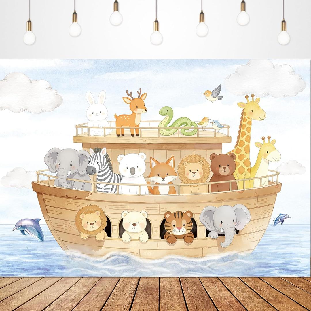 Glawry Noah's Ark Baby Shower Backdrop for Photography 7Wx5H Feet Cute Cartoon Woodland Animals Blue Ocean Lovely Clouds Newborn Kids Party Decorations Photoshoot Background Photo Booth Studio