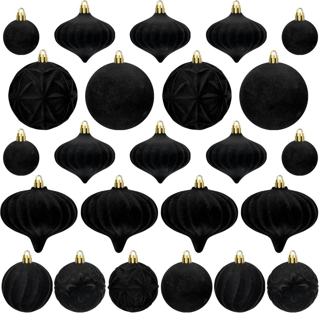 Lavwix 46 Pcs Christmas Flocked Ornaments for Tree Decorations - Velvet Ball Shatterproof Assorted Hangings for Xmas Winter Home Indoor Outdoor Decor Bulk (Black)