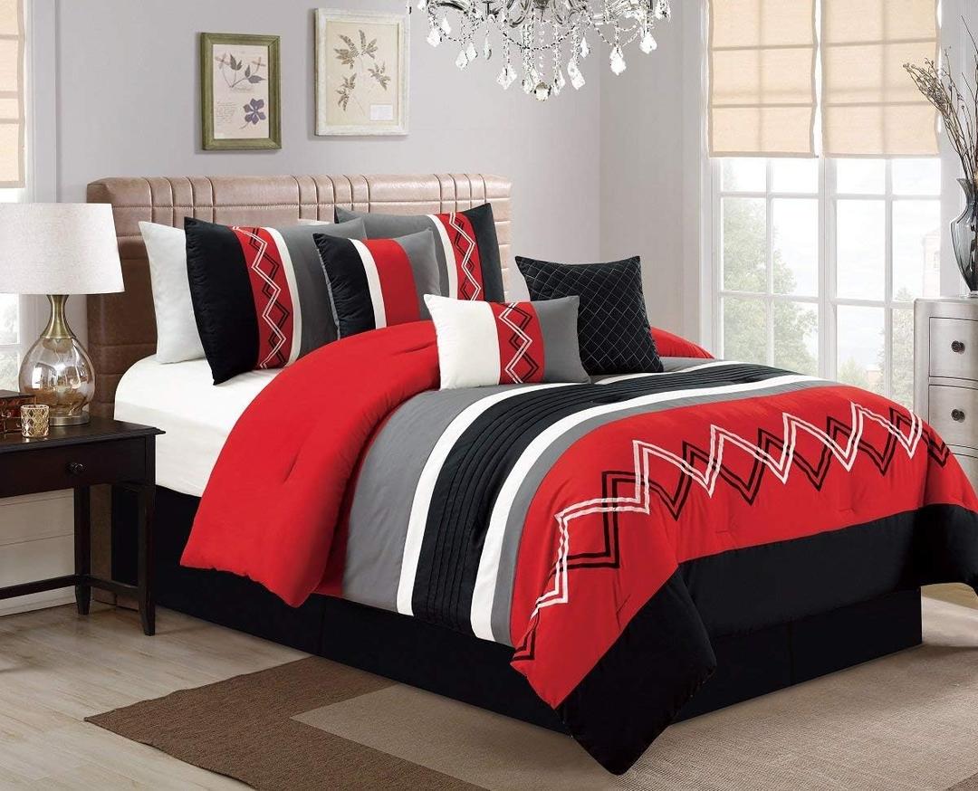 Chezmoi Collection Arden 7-Piece Modern Pleated Stripe Embroidered Zigzag Bedding Comforter Set (King, Red/Black/Gray/Off-White)