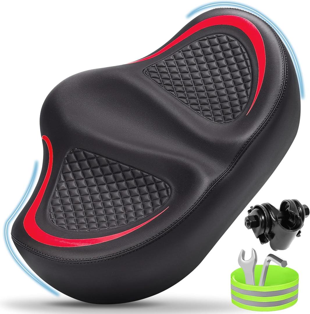 New Noseless Bike Seat for Men Women Comfort, Extra Wide Soft Padded Bicycle Seat, Large Comfortable Bike Saddle for Peloton, Stationary Exercise Bike, Ebike, Scooter, Beach Cruiser, City Bike (Red)