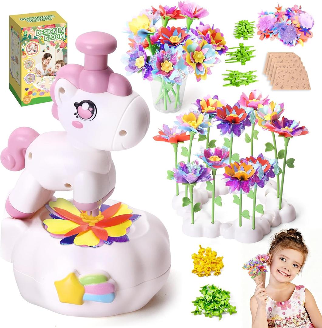 RISUNTOY Kids Flower Press Kit-DIY Fabric Flower Craft Kits with 110 Petals 30 Centers Stems Buds,5 Wraps & Tapes,STEM Bouquet Toys Compatible with Flower Maker,Christmas Birthday Gifts for Kids 3+ (Pink Unicorn Set)