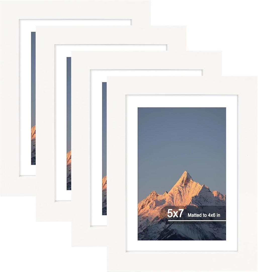 5x7 Picture Frame Set of 4, High Definition Real Glass, Display Pictures 4x6 with Mat or 5x7 Without Mat, Gallery Wall Hanging or Tabletop Photo Frames, White