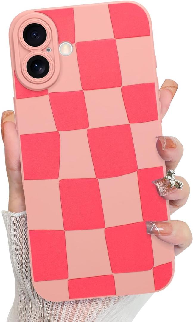 KANGHAR Compatible with iPhone 16 Case, Silicone Checkered Cute Pattern, Camera Protection Soft Slim Phone Case for Girls Women -Pink