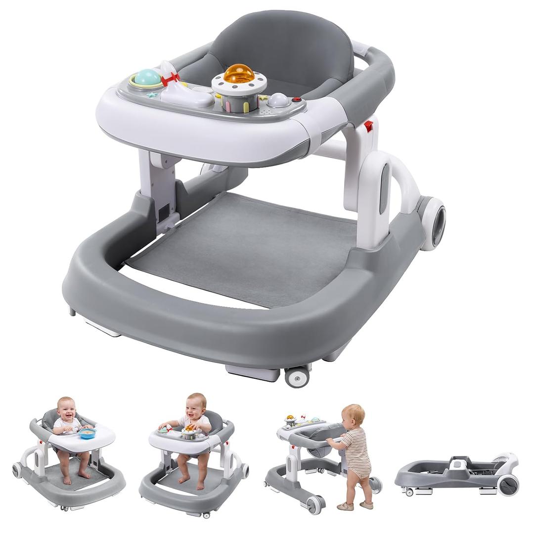 Baby Walker with Wheels, 5-in-1 Foldable Infant Toddler Walker for Boys Girls 6-18 Month,One-Step Fold Structure, 3 Adjustable Heights, Detachable Seat,Push Walker with Speed Control Wheels, Grey