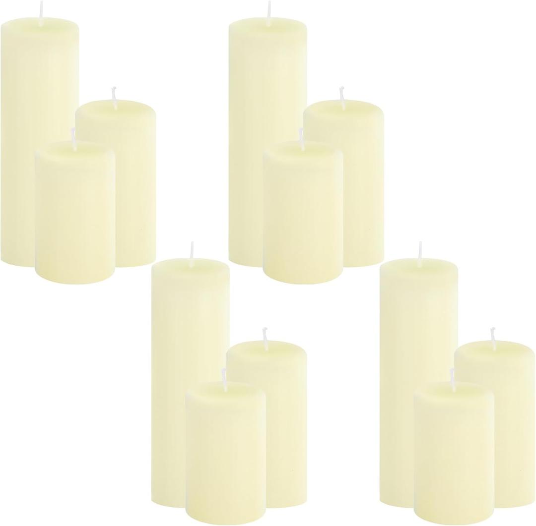12-Pack Ivory Pillar Candles Bulk Set - 2x3, 2x4, 2x6 Inch Unscented Dripless Pillar Candles for Weddings, Home Decor & Centerpieces - Clean Burning Smokeless Decorative Candles (12 Flat-top)