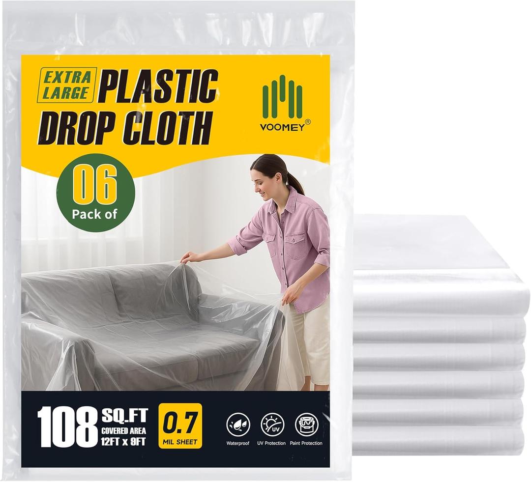 2 x Voomey 6-Pack Plastic Drop Cloth 9x12 Feet - Waterproof and Clear Drop Cloth for Painting Sheet - Plastic Sheeting - Furniture Protection, and Floor Covering