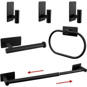 6 PCS Self Adhesive Bathroom Hardware Set, Stainless Steel Towel Rack Set - Adjustable 24In Bath Towel Bar+Toilet Paper Holder+3 Towel Hooks+Towel Ring Bathroom Accessory Kit(Matte Black)