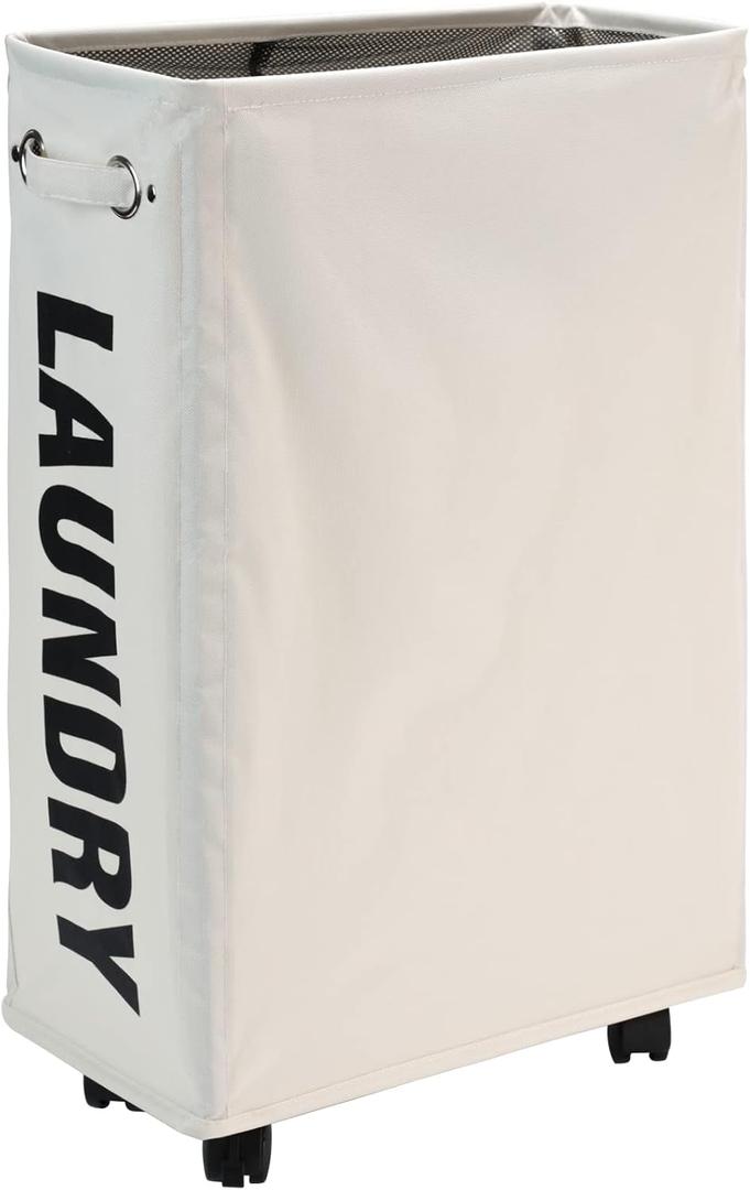 DOKEHOM 25-Inches Slim Laundry Basket on Wheels, Collapsible Rolling Laundry Hamper, Foldable Narrow Corner Clothes Storage Bins (Beige)