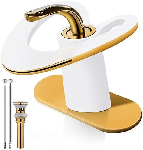 White Gold Waterfall Single Hole Vanity Sink 2 Tone Brass Unique Modern Bathroom Faucets, Luxury Elegant Hollow 1 Handle Faucet, Basin Tap for RV Bar Laundry with Pop up Drain, Sink Romodel