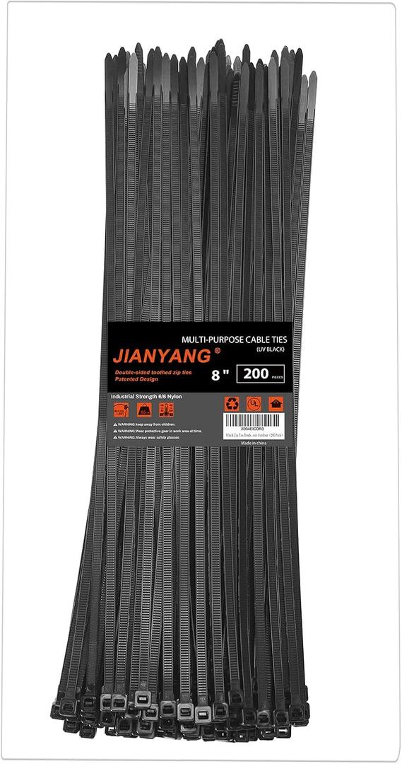 8 Inch Zip Ties Double Sided Toothed,65LBS Tensile Strength Heavy Duty Cable Wire Ties With Self-Locking Adjustable More Durable Nylon Tie Wraps for Indoor Outdoor200 Pack (Black)