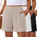 Ficerd 3 Pack Women's Casual Linen Shorts,Pleated High Waist Wide Leg Summer Elastic Comfy Trendy Shorts with Pockets, M Black, White, Linen