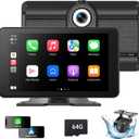 Portable Wireless Carplay Screen for Car, 7 Inch HD A-pple CarPlay & Android Auto Touchscreen with 4K Dash Cam, 1080P Backup Camera/Mirror Link/Siri/Bluetooth/GPS Navigation