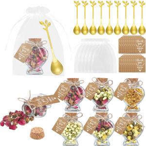 Hoolerry 24 Set Tea Party Favors Bulk Rustic Wedding Favor for Guest with 2. 9'' Glass Tea Jar Stainless Steel Teaspoon Gift Tag Drawstring Organza Bag and Rope, Thank You Gift for Wedding Party