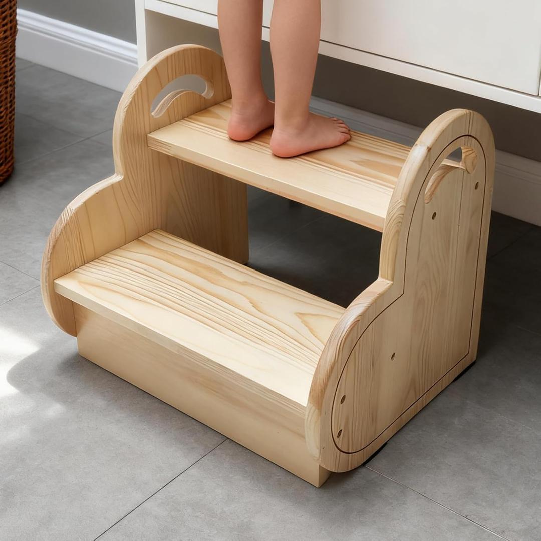 ZEEFARM Wooden Stool with 2 Steps for Bedroom Kitchen High Shelves, Small Step Stool with Non-Slip Pads for Toddler Toilet Potty Training, Bathroom Sink, Step Ladder for Adults and Kids