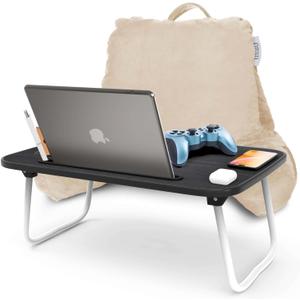 Nestl Reading Pillow with Portable Laptop Lap Desk, Velvet Feel Back Pillow for Sitting in Bed, Shredded Memory Foam Back Support Pillow for Bed, Bed Rest Pillow with Arms, Small - Cream