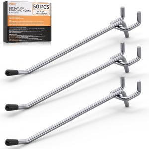 INCLY 50 Pack 6 Inch Pegboard Hooks, 1/4" Heavy Duty Peg Board Hooks Accessories with Rubber Tipped, Peg Board Tool Hangers Fit 1/4" Pegboard for Hanging Tools Garage, Craft Room, Kitchen, Store