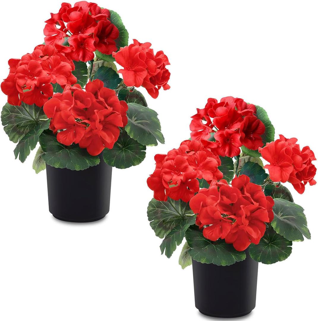 2 Pack Artificial Geranium Fake Flowers for Outdoors Spring Summer Decor, Silk Geraniums Red Flowers UV Resistant Faux Flower Potted Plants for Gardens Farmhouse Indoor Home Table Decor (Red)